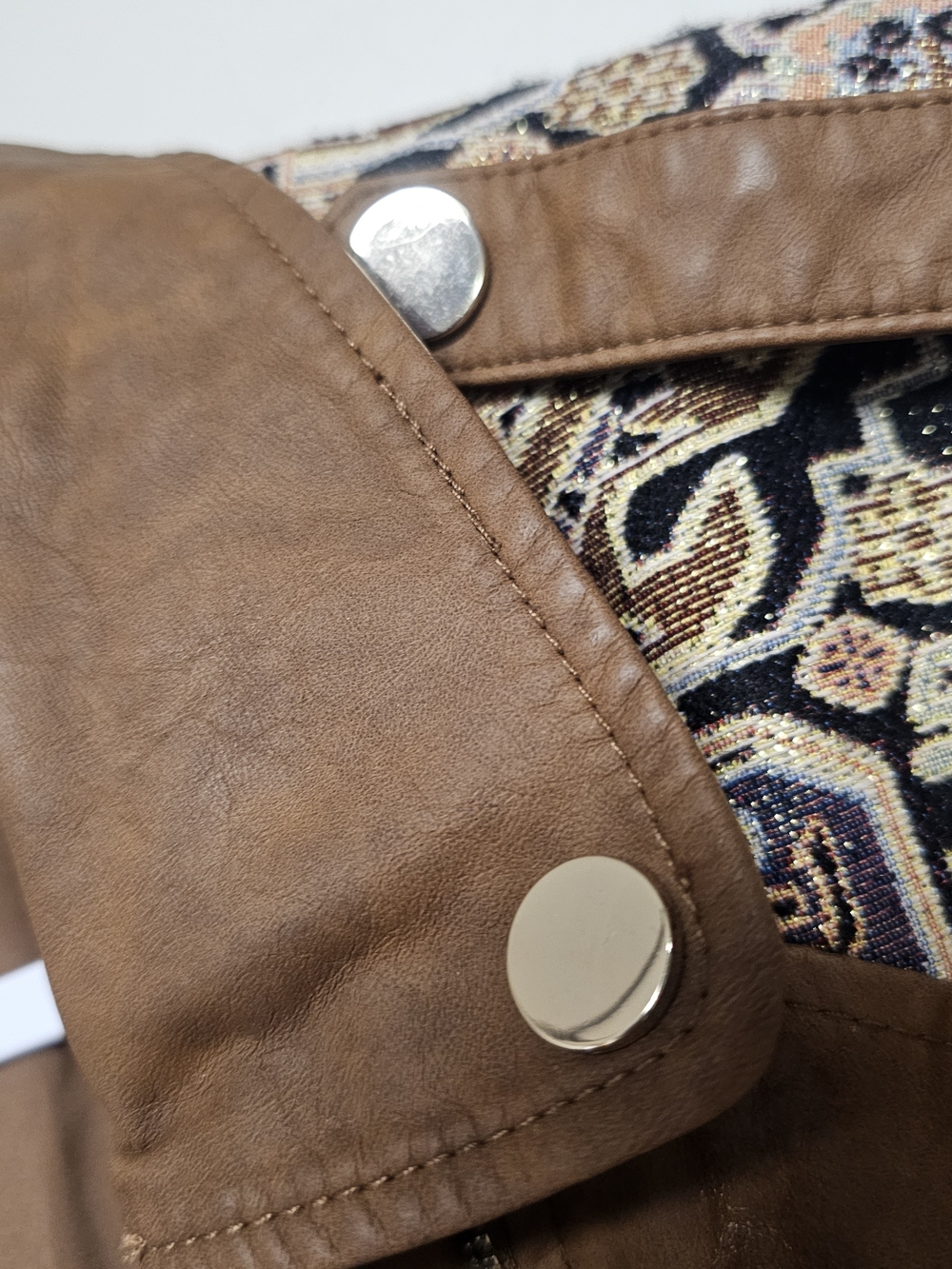 Chico's Brown Faux-Leather Moto Jacket Jacquard Paisley Size Large Artsy Western - Picture 8 of 11